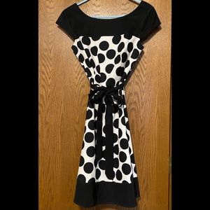 AGB Dress, size 8, black & white polka-dot with sash tie and cap sleeves